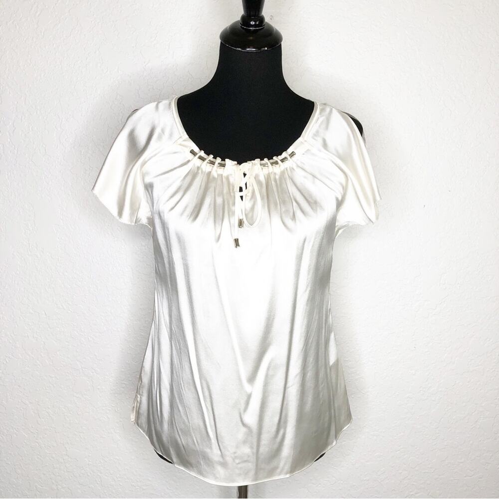 WHBM ecru ivory silver neckline silk top size Extra Small XS NWT